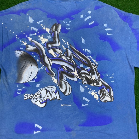 Vintage Looney Tunes Space Jam Shirt Mens XL Blue 1996 AOP Bugs Bunny 90s USA - Picture 10 of 16